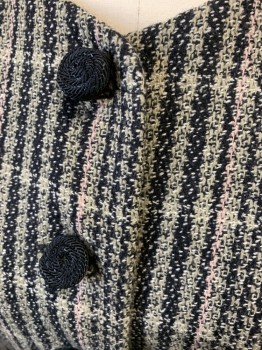 GIORGIO ARMANI, Black, Taupe, Rose Pink, Silk, Wool, Plaid, Tweed, Single Breasted, Round Neck,  2 Pockets, Novelty Buttons Front and Cuffs