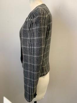 Womens, Blazer, GIORGIO ARMANI, Black, Taupe, Rose Pink, Silk, Wool, Plaid, Tweed, B34, 8, W27, Single Breasted, Round Neck,  2 Pockets, Novelty Buttons Front and Cuffs