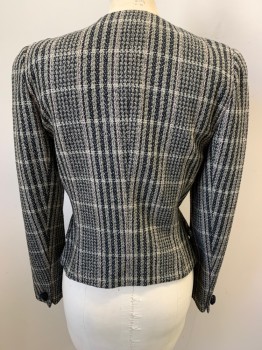 Womens, Blazer, GIORGIO ARMANI, Black, Taupe, Rose Pink, Silk, Wool, Plaid, Tweed, B34, 8, W27, Single Breasted, Round Neck,  2 Pockets, Novelty Buttons Front and Cuffs