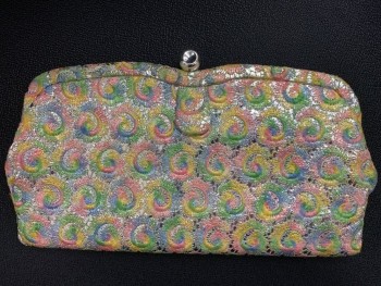 Womens, Purse, N/L, Lt Green, Yellow, Pink, Silver, Polyester, Abstract , Geometric, Hinge Open, Clasp Close,