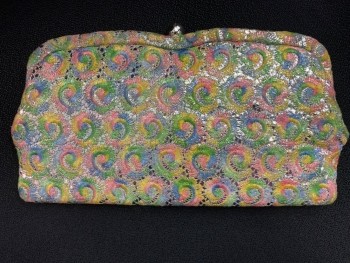 Womens, Purse, N/L, Lt Green, Yellow, Pink, Silver, Polyester, Abstract , Geometric, Hinge Open, Clasp Close,