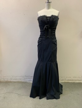 Womens, Evening Gown, XSCAPE, Black, Acetate, Nylon, Solid, 4, Strapless, Sunburst Pleat at Bust with Modesty Panel, Tulle Ruffle Trim, Attached Empire Waistband That Ties in Front, Skirt Gathered at All Panel Seams, Floor Length Hem, Mermaid Skirt, Tulle Netting Ruffle Lining
