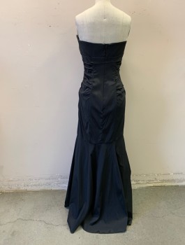 Womens, Evening Gown, XSCAPE, Black, Acetate, Nylon, Solid, 4, Strapless, Sunburst Pleat at Bust with Modesty Panel, Tulle Ruffle Trim, Attached Empire Waistband That Ties in Front, Skirt Gathered at All Panel Seams, Floor Length Hem, Mermaid Skirt, Tulle Netting Ruffle Lining