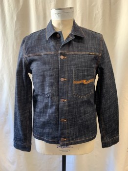 Mens, Jean Jacket, NUDIE JEANS, Denim Blue, Lt Gray, Cotton, 2 Color Weave, XL, Collar Attached, Single Breasted, Button Front, Goldenrod Stitching, Long Sleeves