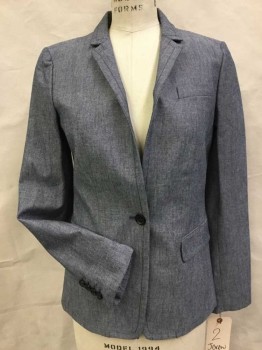 J CREW, Slate Blue, Cotton, Heathered, Single Breasted, 1 Button, Notched Lapel, 3 Pockets, Chambray, Top Stitched Detail