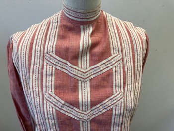 Womens, Dress 1890s-1910s, NO LABEL, Red, Off White, Cotton, Stripes, 28, 34, Stand C.A, Pleats At Shoulders, Chevron Trim Design At Bust, Button Back To Waist W/10 Pearl Btns, Long Sleeves w/Gathers At Shoulders/Cuffs, Btn Cuffs, Pleated Skirt Front W/!Tiered Hemline, Hem Below Knee