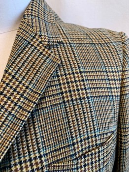 Mens, Blazer/Sport Co, NL, Brown, Black, Teal Blue, Goldenrod Yellow, Wool, Glen Plaid, 42R, Notched Lapel, Single Breasted, Button Front, 3 Buttons,  3 Pockets, Single Vent Back