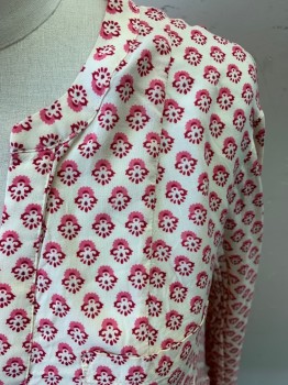 MAEVE, Off White, Raspberry Pink, Pink, Rayon, Geometric, Floral, Long Sleeves, Button Cuffs, V Neck Placket, Side Peplum, Chest Pocket, Locker Loop