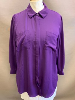 LANE BRYANT, Aubergine Purple, Polyester, Solid, Chiffon, Long Sleeves, Button Front, Collar Attached, 2 Patch Pockets
