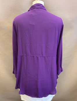 LANE BRYANT, Aubergine Purple, Polyester, Solid, Chiffon, Long Sleeves, Button Front, Collar Attached, 2 Patch Pockets
