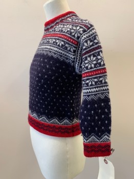 LAND'S END, Navy Blue, Red, White, Wool, Fair Isle, L/S, Crew Neck