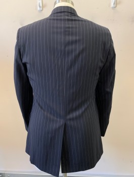 BROOKS BROTHERS, Navy Blue, White, Wool, Stripes - Pin, 2 Button, Flap Pockets, Single Vent
