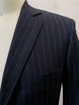 BROOKS BROTHERS, Navy Blue, White, Wool, Stripes - Pin, 2 Button, Flap Pockets, Single Vent