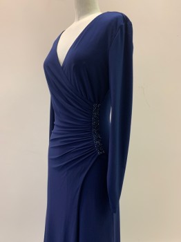 LAUNDRY, Navy Blue, Polyester, Solid, L/S, V Neck, Crossover, Pleated Side With Beaded Detail, Cross Front Slit, Back Zipper