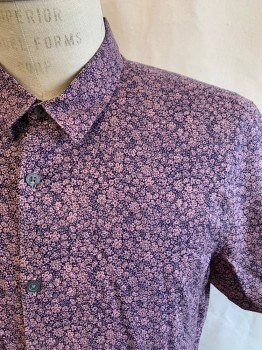 JOHN VARVARTOS, Purple, Mauve Pink, Cotton, Floral, S/S, Button Front, Cuffed Sleeves