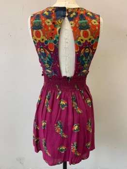 BLEUH CIEL, Magenta Purple, Multi-color, Rayon, Floral, Novelty Pattern, V-neck, Above the Knee, Ruched Waistband, Cross Strap Sides, Keyhole Back, 2 Gold Buttons