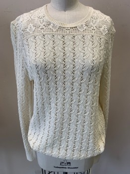 THE KOOPLES, Ecru, Cotton, Solid, Lace Knit, Long Sleeves, Crew Neck, Keyhole Back