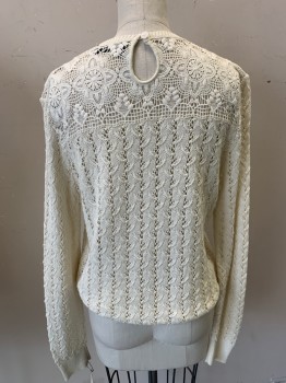 THE KOOPLES, Ecru, Cotton, Solid, Lace Knit, Long Sleeves, Crew Neck, Keyhole Back