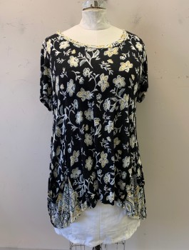 N/L, Black, Multi-color, Rayon, Floral, Scoop Neck, S/S, Handkerchief Hem, 2 Pockets, Forest Green, Gold, and White Floral Pattern