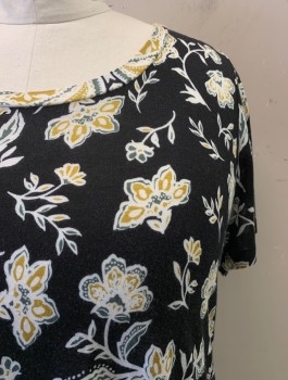 N/L, Black, Multi-color, Rayon, Floral, Scoop Neck, S/S, Handkerchief Hem, 2 Pockets, Forest Green, Gold, and White Floral Pattern