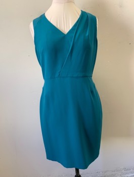 BANANA REPUBLIC, Teal Blue, Polyester, Solid, Crepe, V-neck, Pleated Detail at One Shoulder, Fitted, Knee Length, Invisible Zipper in Back