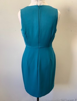 BANANA REPUBLIC, Teal Blue, Polyester, Solid, Crepe, V-neck, Pleated Detail at One Shoulder, Fitted, Knee Length, Invisible Zipper in Back
