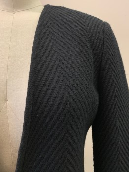 ST. JOHN, Black, Wool, Silk, Solid, Text, V-N, 1 Button, Large Herringbone Texture