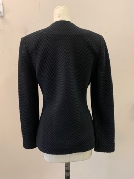 ST. JOHN, Black, Wool, Silk, Solid, Text, V-N, 1 Button, Large Herringbone Texture