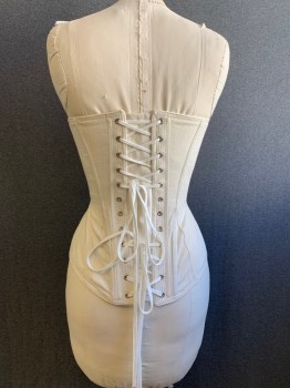 Womens, Corset 1890s-1910s, PERIOD CORSETS, Cream, Cotton, Solid, S, Lace Back, Silver Grommets,