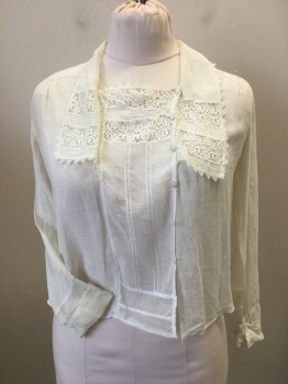 Womens, Blouse 1890s-1910s, N/L, White, Cotton, Solid, B36, Batiste with Lace Detail at Front Neck and Collar. Long Sleeves with Lace Trim Cuffs. Side Front Closure with Tiny Buttons at Left Front. Repair Work on Lace Front  Creating Slight Puckering.. Small Holes on Back,