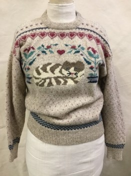EDDIE BAUER, Beige, Cranberry Red, Sage Green, Black, Brown, Wool, Novelty Pattern, Crew Neck, Long Sleeves, Thick Fair Isle Knit with Cat Center Front, Cat Lady, 1980's, Cozy