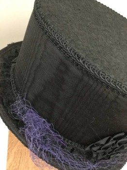 Womens, Historical Fiction Hat, Calico Lassie, Black, Purple, Polyester, Felt, Solid, L, Black Moire Faille Crown Topped With Braided Edged Felt, Lace Trimmed Brim With Purple Net Veil And Grosgrain Rosette