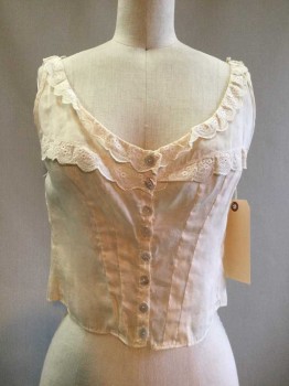 Womens, Camisole 1890s-1910s, Ivory White, Cotton, Floral, Solid, B30, Button Front, Scoop Neck, Darts, Scallopped Floral Lace Trim, Great Condition