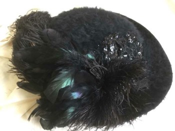 Womens, Hat 1890s-1910s, N/L, Black, Angora, Feathers, Solid, Fluffy Angora, with Black Sequins and Beading, Black Ostrich and Peacock Feathers, 4.5" Wide Brim, Cotton Lining Added, (Except For Lining),