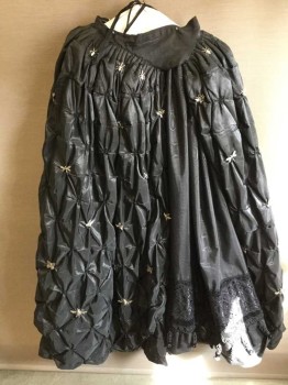 Womens, Sci-Fi/Fantasy Piece 2, Black, Silver, Silk, Lace, Solid, 24/26, Skirt, Black Silk Taffeta Poofy Gathered With Silver Insects Overskirt Over A Black Moire Underskirt W/ Black Lace Trim And Fancy Fringed Tassels 