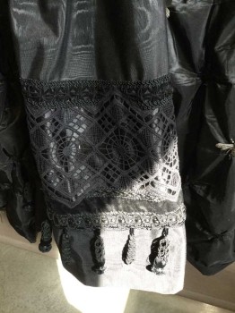 Womens, Sci-Fi/Fantasy Piece 2, Black, Silver, Silk, Lace, Solid, 24/26, Skirt, Black Silk Taffeta Poofy Gathered With Silver Insects Overskirt Over A Black Moire Underskirt W/ Black Lace Trim And Fancy Fringed Tassels 