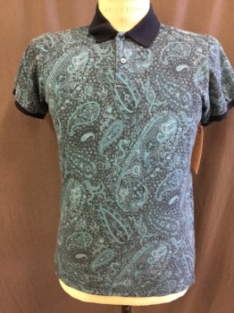 ETRO, Turquoise Blue, Navy Blue, Cotton, Paisley/Swirls, Solid, 2 Buttons,  Solid Rib Knit Collar and Cuffs