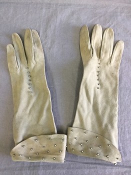 Womens, Gloves 1890s-1910s, NL, Gray, Suede, Beaded, Solid, Gray Suede, Gray Pearl Beaded Detail,