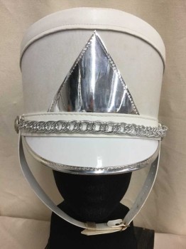 Unisex, Marching Band, Hat, FRUHAUF UNIFORMS, White, Silver, Faux Leather, Plastic, Solid, 7 , White Hat with Silver Triangle/Buttons/Chain, Chin Strap, Multiples