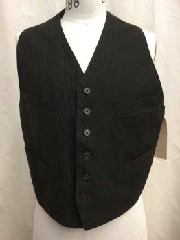Mens, Vest 1890s-1910s, Dk Brown, Gray, Wool, Cotton, Stripes, 40, Dark Brown/ Gray Stripes, Button Front, 4 Pockets,