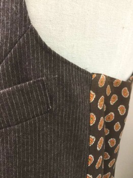 Mens, 1980s Vintage, Suit, Vest, ACADEMY AWARD CLOTHE, Brown, Cream, Wool, Stripes - Pin, 42, 6 Buttons, 4 Welt Pockets, Lining and Back are Brown with Orange and Cream Paisley Silk, Self Belted Back