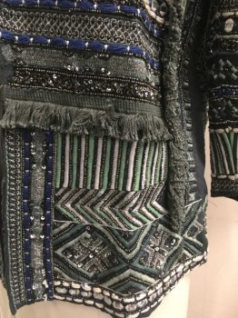 ZARA, Blue, Mint Green, Silver, Pewter Gray, Steel Blue, Polyester, Geometric, Stripes, 2 Hooks and Eyes Center Front,  Seed Beads, Embroidery in Many Patterns, 3/4 Sleeves,