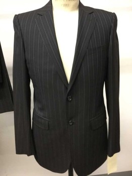 Mens, Suit, Jacket, ABITO SARTORIALE, Chocolate Brown, Navy Blue, Lt Blue, Wool, Stripes - Pin, 38R, Notched Lapel, Single Breasted, 2 Buttons,  Hand Picked Collar/Lapel,