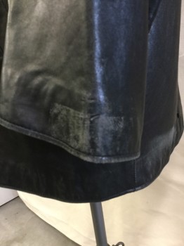 Mens, Coat, Leather, BARNEY NY, Black, Leather, Solid, L, Black with Black Lining, 3/4 Length, Notched Lapel, Single Breasted, 4 Button Front, Long Sleeves, 2 Slant Pockets, (worn Out Right Sleeve Hem, & Coat Hem)