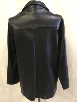 Mens, Coat, Leather, BARNEY NY, Black, Leather, Solid, L, Black with Black Lining, 3/4 Length, Notched Lapel, Single Breasted, 4 Button Front, Long Sleeves, 2 Slant Pockets, (worn Out Right Sleeve Hem, & Coat Hem)