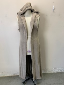 Unisex, Sci-Fi/Fantasy Robe, THE COSTUME WORKSHOP, Lt Gray, Cotton, Solid, O/S, Coarse Basket Weave Fabric, Sleeveless, Long Ankle Length, Hooded, Open in Front with No Closures, Aged/Distressed, Made To Order, Barcode Located in Hood
