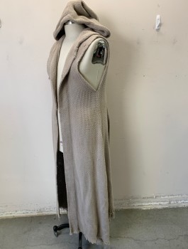 THE COSTUME WORKSHOP, Lt Gray, Cotton, Solid, Coarse Basket Weave Fabric, Sleeveless, Long Ankle Length, Hooded, Open in Front with No Closures, Aged/Distressed, Made To Order, Barcode Located in Hood