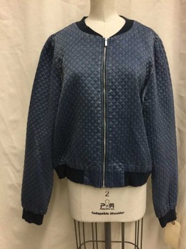 1 STATE, Blue, Cotton, Synthetic, Diamonds, Blue, Diamond Quilted, Zip Front, Navy Trim