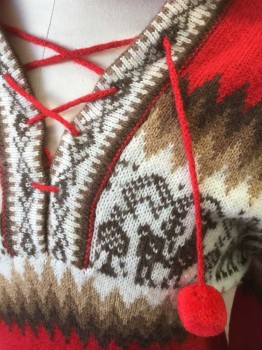 N/L, Red, Brown, White, Beige, Acrylic, Novelty Pattern, Chevron, Knit, Bright Red with Zig Zagged Brown/Beige and White Striped Panel at Chest with Novelty Man on Camel Knit Pattern, V-neck with Self Red Lace Up Detail with Large Red Pom Poms at Ends, Long Sleeves, Hooded, Kangaroo Pocket at Front Waist
