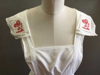 Womens, Apron 1890s-1910s, NL, White, Red, Cotton, Solid, Bib Front, Long Length Apron with Removable Embroidered Red Lions on Shoulder Tabs.